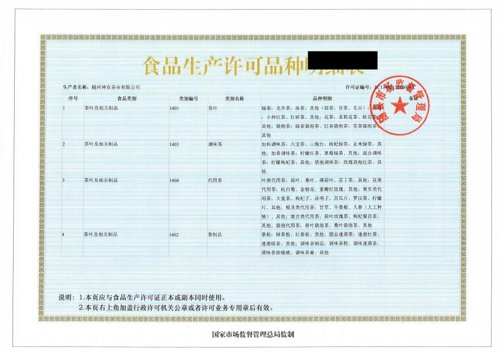 神農(nóng)茶業(yè)食品生產(chǎn)許可證